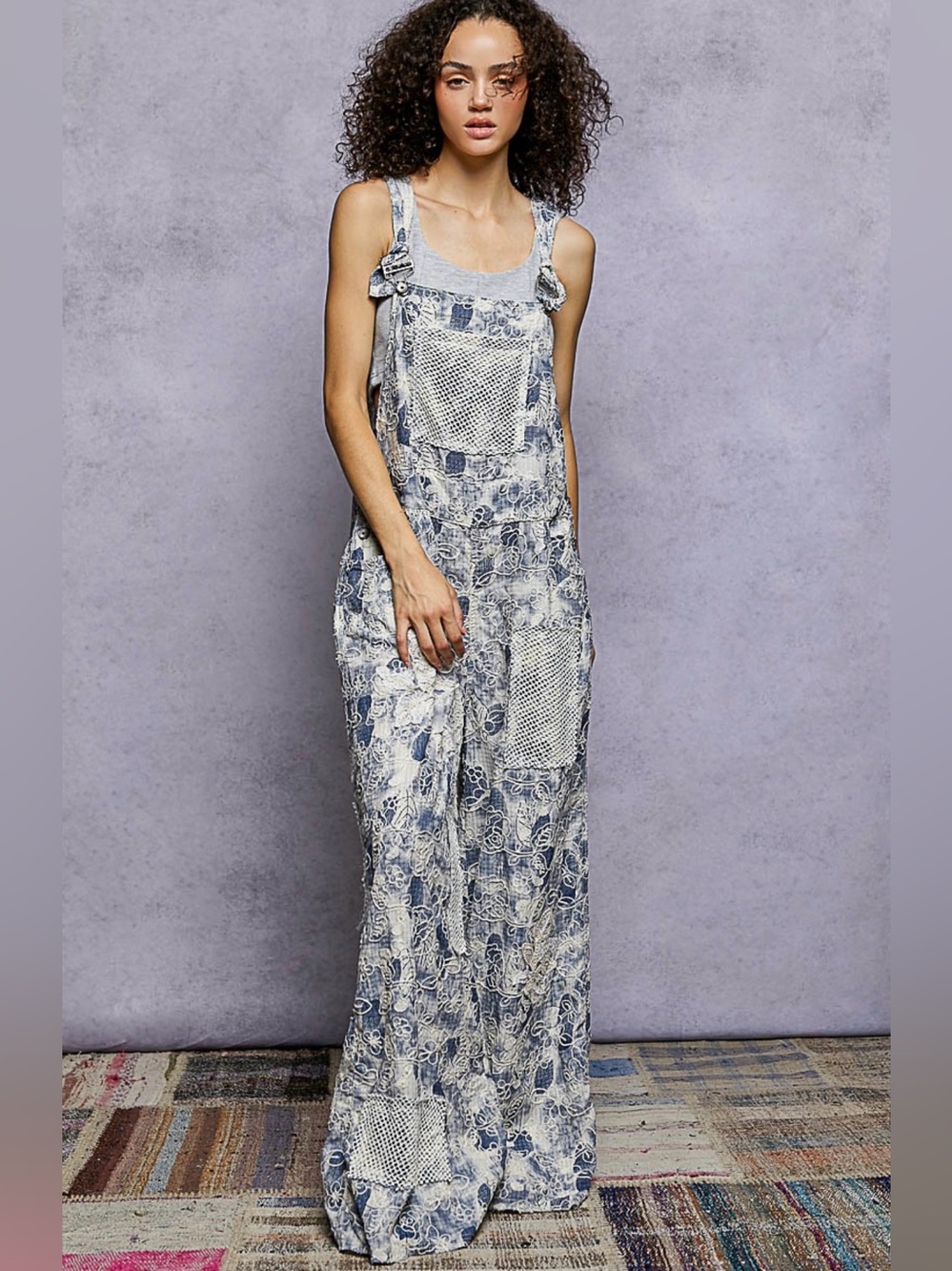 Boho Blue and Cream Patchwork Overalls